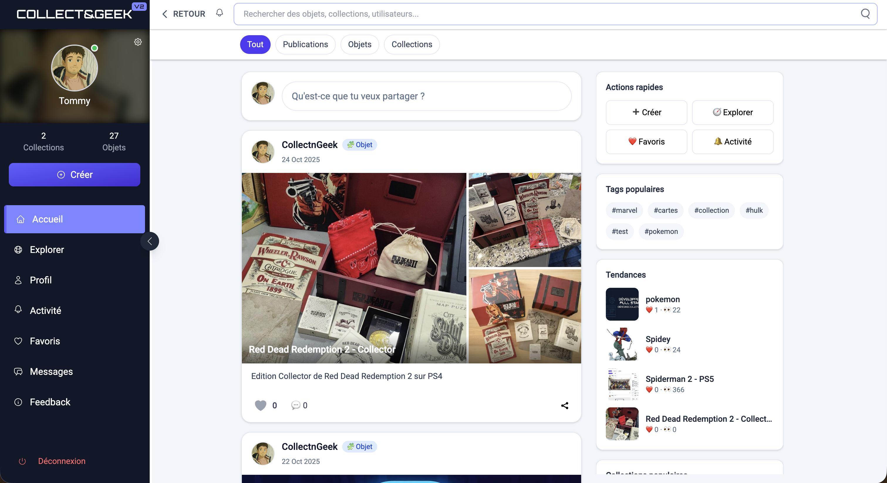 Aperçu desktop de Collect&Geek : fil d’actualité et collections