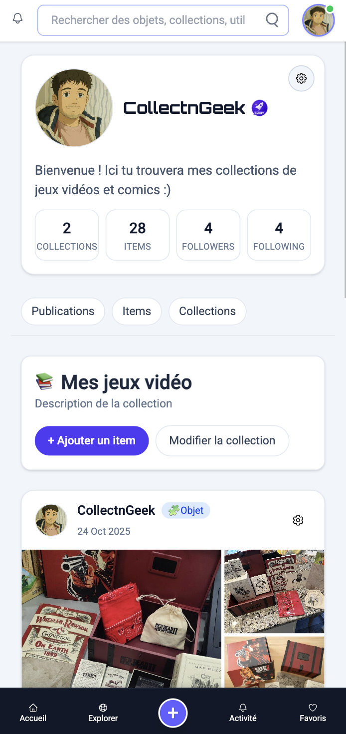 Aperçu mobile de Collect&Geek : profil et collections